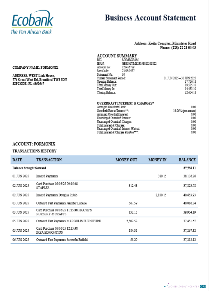 Download South Sudan Ecobank firm account statement Word and PDF template Photoshop template